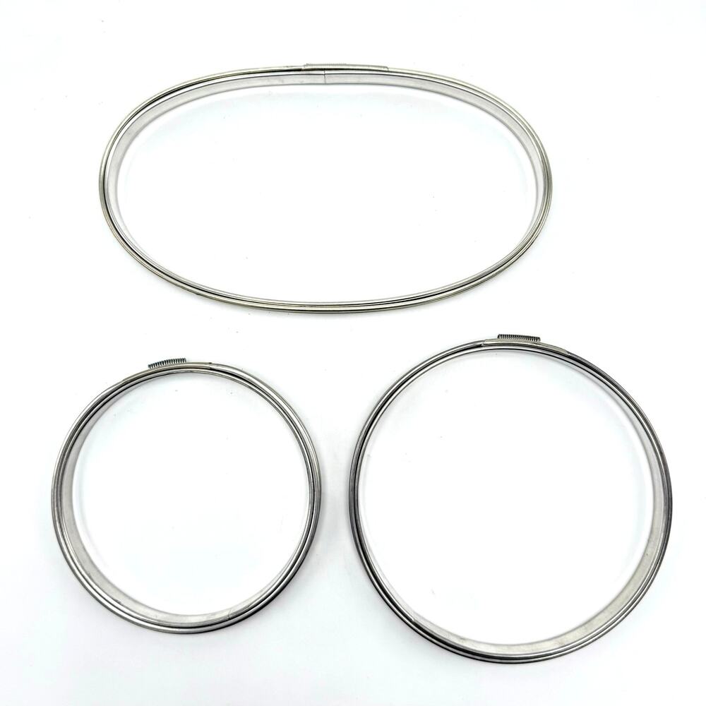 3 Vintage Spring Tension Metal Embroidery Hoops Cork Lined 4” 5” Circle 9” Oval